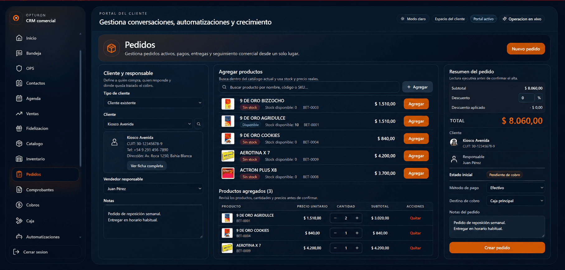 Pantalla real de Opturon para crear un pedido con cliente, catálogo, stock, cantidades, cobro y resumen